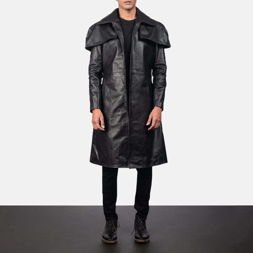 Men's Classic Musta Leather Duster Miehille in Black Cowhide Leather - Front Profile View &amp; Tailored Silhouette | Buy Online