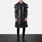 Men's Classic Musta Leather Duster Miehille in Black Cowhide Leather - Front Profile View &amp; Tailored Silhouette | Buy Online