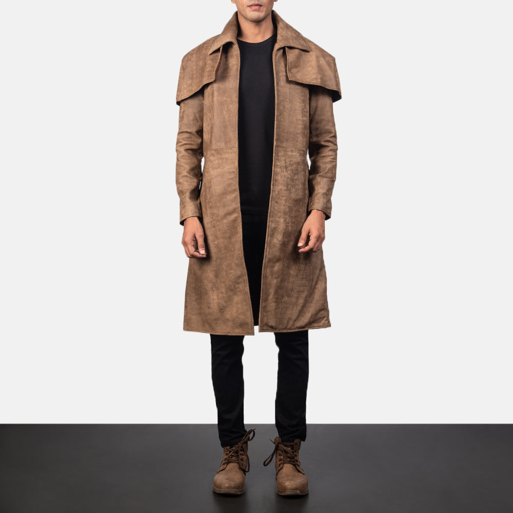 Men's Classic Ruskea Leather Duster Miehille in Distressed Brown Sheepskin Snuffed - Front Profile View &amp; Tailored Silhouette | Buy Online