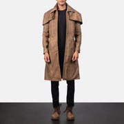 Men's Classic Ruskea Leather Duster Miehille in Distressed Brown Sheepskin Snuffed - Front Profile View &amp; Tailored Silhouette | Buy Online