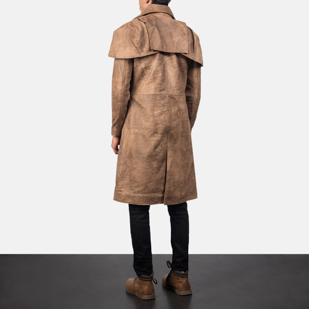 Men's Classic Ruskea Leather Duster Miehille - Lateral Side Profile View Showing Sleeve Cut &amp; Athletic Taper Fit