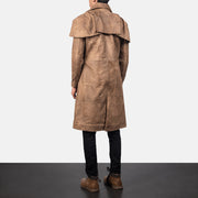 Men's Classic Ruskea Leather Duster Miehille - Lateral Side Profile View Showing Sleeve Cut &amp; Athletic Taper Fit