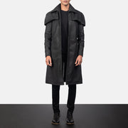 Men's Classic Distressed Musta Leather Duster Miehille in Distressed Black Sheepskin Snuffed - Front Profile View &amp; Tailored Silhouette | Buy Online