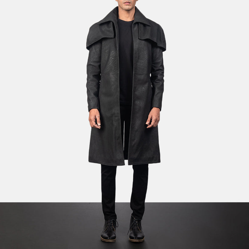 Classic Distressed Musta Leather Duster Miehille