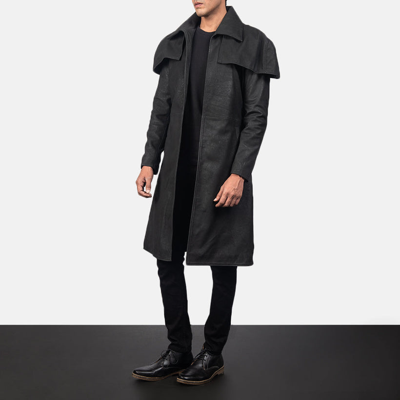 Classic Distressed Musta Leather Duster Miehille