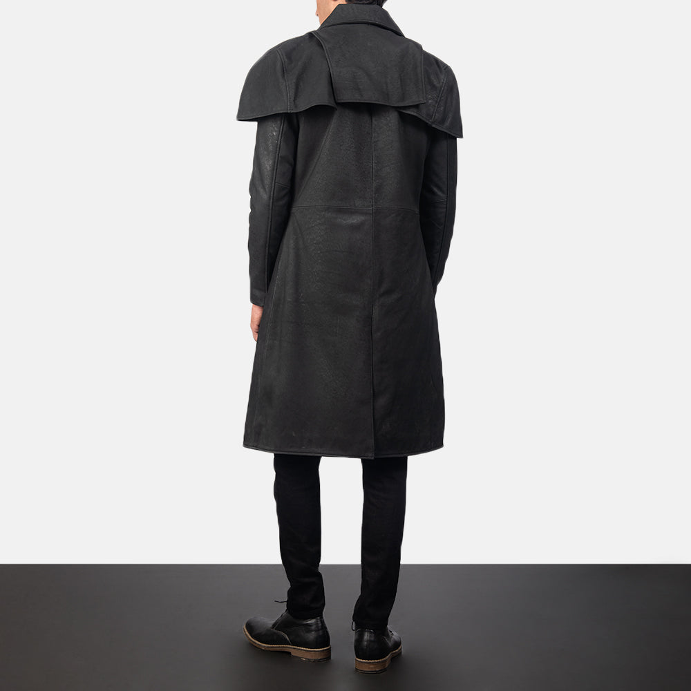 Men's Classic Distressed Musta Leather Duster Miehille - Lateral Side Profile View Showing Sleeve Cut &amp; Athletic Taper Fit