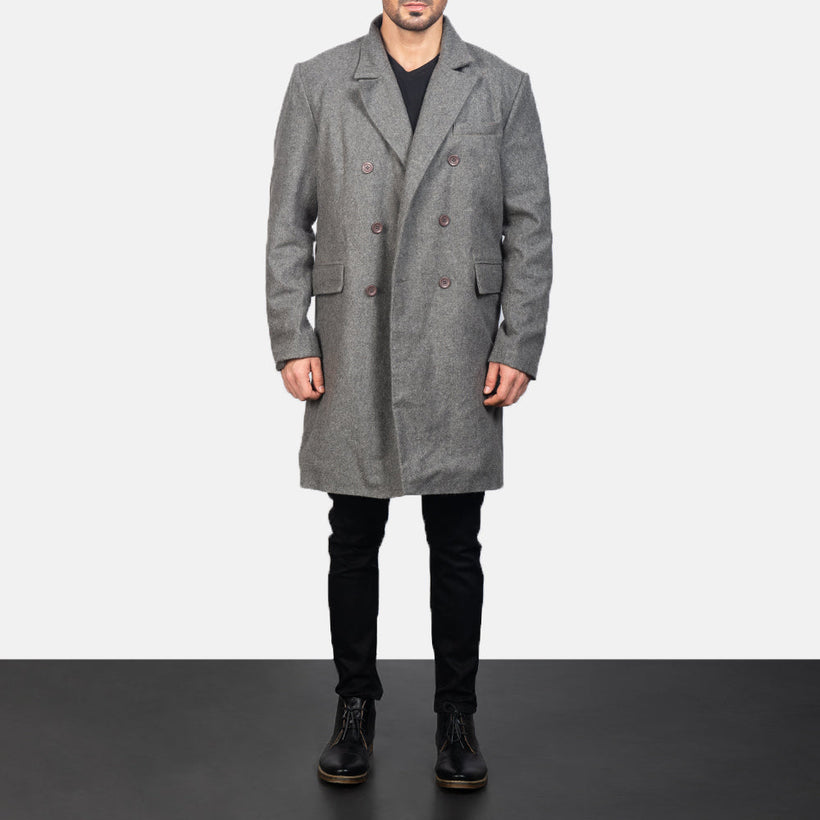 Claud Grey Wool Double-Breasted Nahkatakki pitkä Miehille
