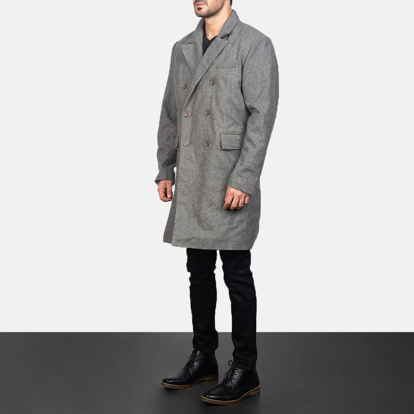 Claud Grey Wool Double-Breasted Nahkatakki pitkä Miehille