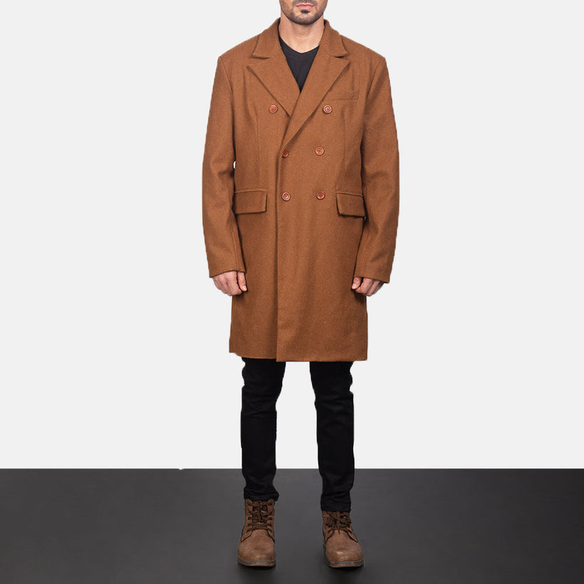 Claud Khaki Wool Double-Breasted Nahkatakki pitkä Miehille