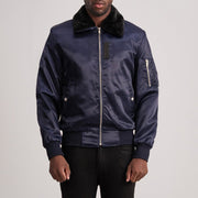 Clyde B-15 Blue Nahkainen Pommitakki Miehille in Blue Satin - Front Profile View &amp; Tailored Silhouette | Buy Online