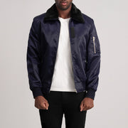 Clyde B-15 Blue Nahkainen Pommitakki Miehille - Lateral Side Profile View Showing Sleeve Cut &amp; Athletic Taper Fit