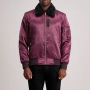 Clyde B-15 Maroon Nahkainen Pommitakki Miehille in Maroon Satin - Front Profile View &amp; Tailored Silhouette | Buy Online