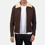 Men's Coffner Ruskea Shearling Fur Nahkatakki Miehille in Distressed Brown Goatskin Suede - Front Profile View &amp; Tailored Silhouette | Buy Online