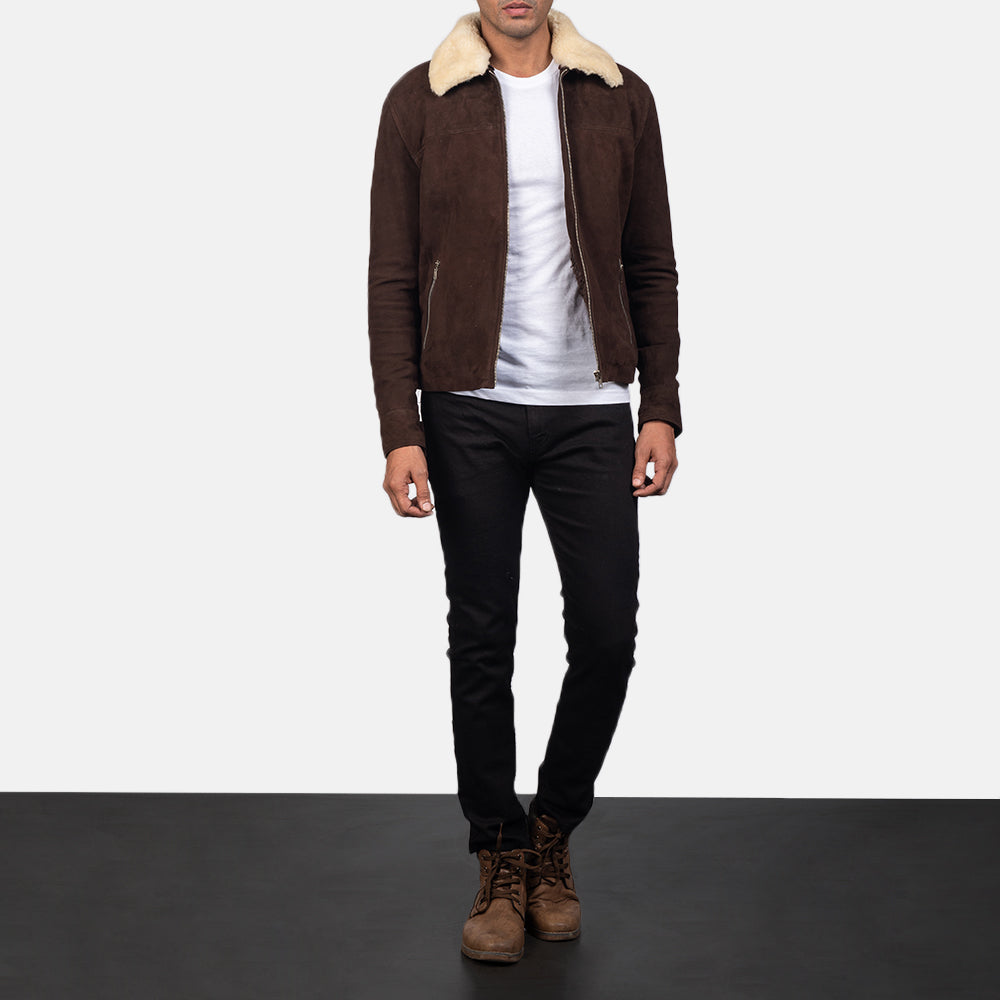 Men's Coffner Ruskea Shearling Fur Nahkatakki Miehille - Lateral Side Profile View Showing Sleeve Cut &amp; Athletic Taper Fit