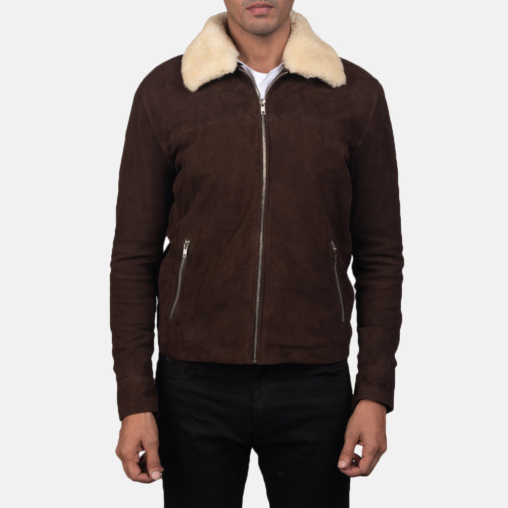 Close-Up Detail of Shirt with Removable Fur Collar &amp; Zipper Hardware on Men's Coffner Ruskea Shearling Fur Nahkatakki Miehille