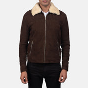 Close-Up Detail of Shirt with Removable Fur Collar &amp; Zipper Hardware on Men's Coffner Ruskea Shearling Fur Nahkatakki Miehille