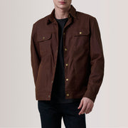 Colberto Ruskea Waxed Canvas Trucker Nahkatakki Miehille For Men in Brown Waxed Cotton Canvas - Front Profile View &amp; Tailored Silhouette | Buy Online