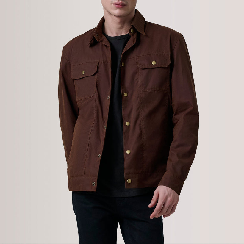 Colberto Ruskea Waxed Canvas Trucker Nahkatakki Miehille