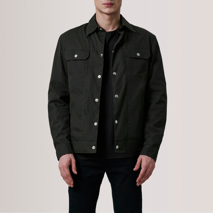 Colberto Olive Waxed Canvas Trucker Nahkatakki Miehille