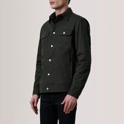 Colberto Olive Waxed Canvas Trucker Nahkatakki Miehille For Men - Lateral Side Profile View Showing Sleeve Cut &amp; Athletic Taper Fit