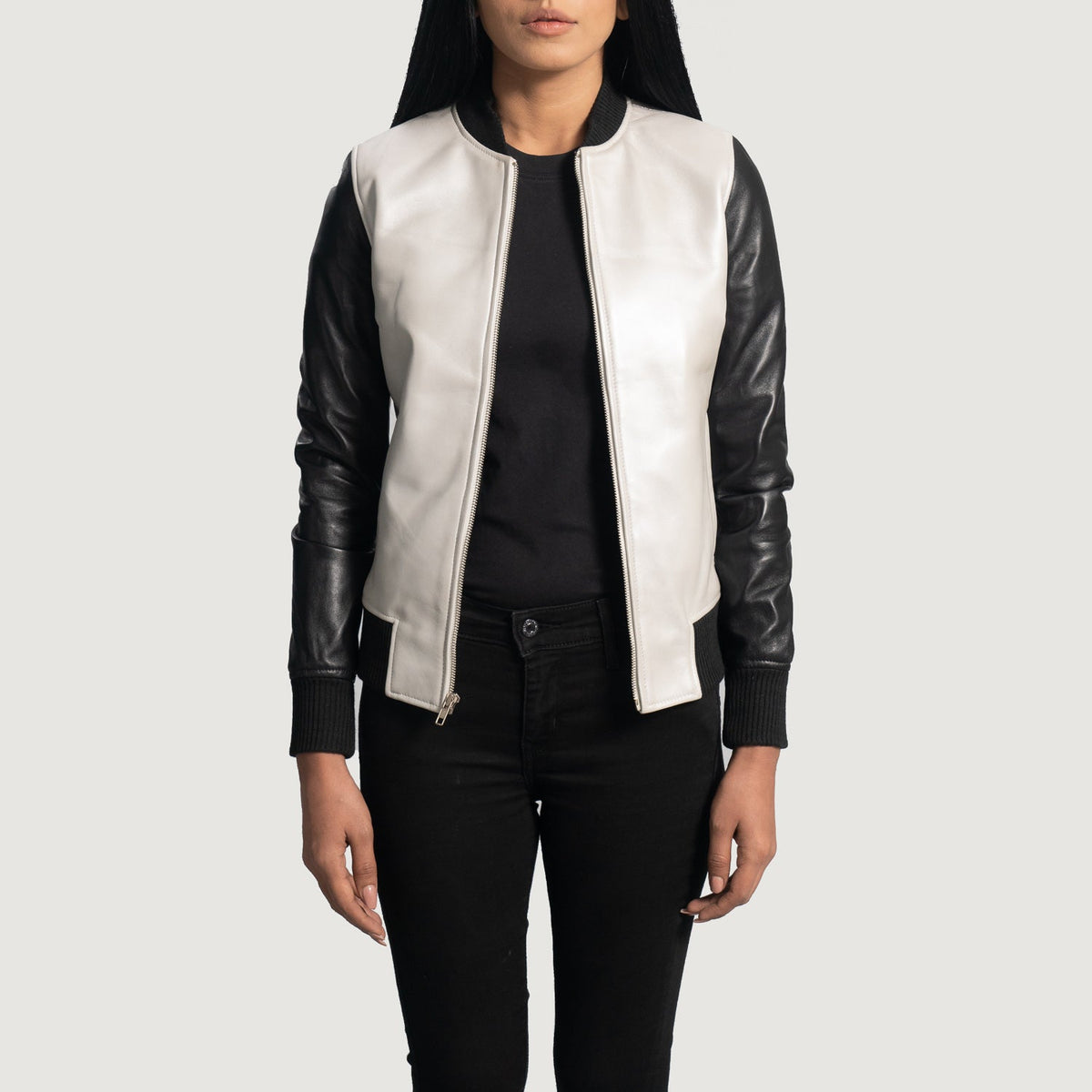 Women's Cole Silver Nahkainen Pommitakki Naisille - Lateral Side Profile View Showing Sleeve Cut &amp; Athletic Taper Fit