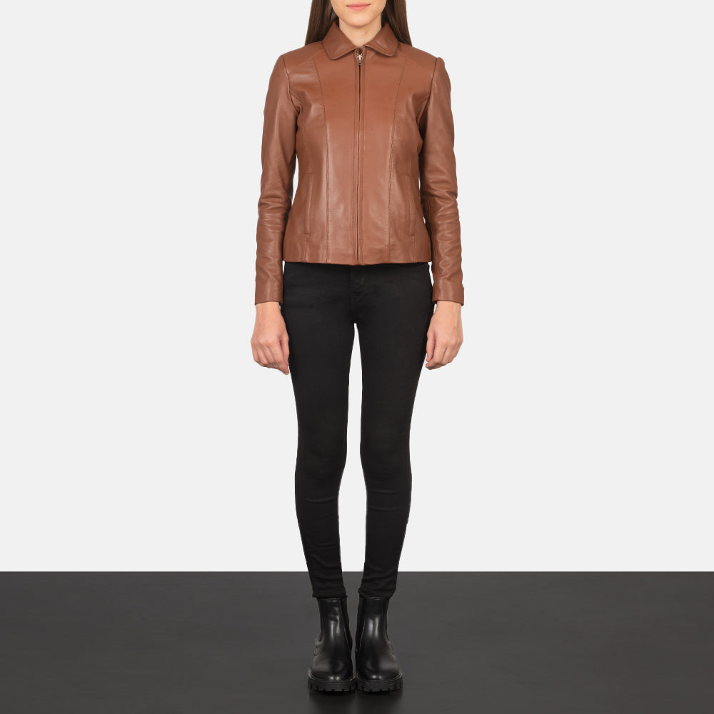 Women Colette Ruskea Nahkatakki Naisille - Lateral Side Profile View Showing Sleeve Cut &amp; Athletic Taper Fit