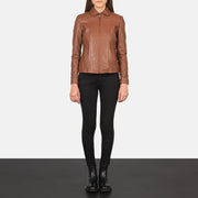 Women Colette Ruskea Nahkatakki Naisille - Lateral Side Profile View Showing Sleeve Cut &amp; Athletic Taper Fit
