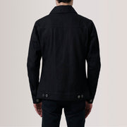 Close-Up Detail of Classic Collar &amp; Heavy-Duty Zipper Hardware on Conard Musta Denim Trucker Nahkatakki Miehille For Men