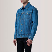 Conard Blue Denim Trucker Nahkatakki Miehille For Men - Lateral Side Profile View Showing Sleeve Cut &amp; Athletic Taper Fit