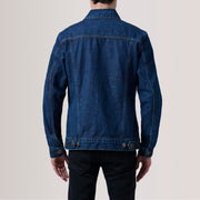 
Yksityiskohtainen lähikuva of Classic Collar & Heavy-Duty Zipper Hardware on Conard Dark Sininen Denim Trucker Nahkatakki Miehille For Men