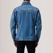Close-Up Detail of Classic Collar &amp; Heavy-Duty Zipper Hardware on Conard Ice Blue Denim Trucker Nahkatakki Miehille For Men