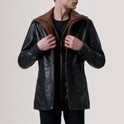 Connor Black Leather Coat For Men in Black Sheepskin Leather - Front Profile View &amp; Tailored Silhouette | Buy Online