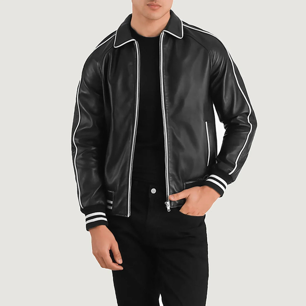 Cooper Musta Leather Varsity Nahkatakki Miehille in Black Sheepskin Leather - Front Profile View &amp; Tailored Silhouette | Buy Online