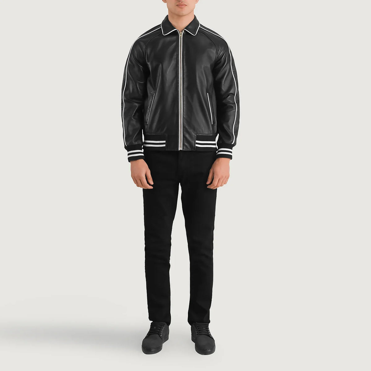 Cooper Musta Leather Varsity Nahkatakki Miehille - Lateral Side Profile View Showing Sleeve Cut &amp; Athletic Taper Fit