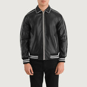Close-Up Detail of Shirt collar &amp; Zipper Hardware on Cooper Musta Leather Varsity Nahkatakki Miehille