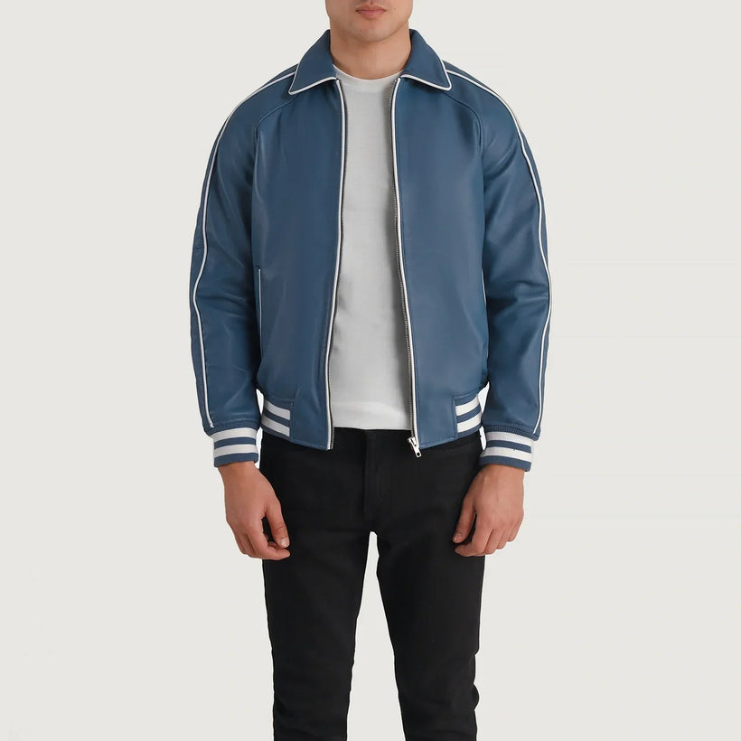 Cooper Blue Leather Varsity Nahkatakki Miehille