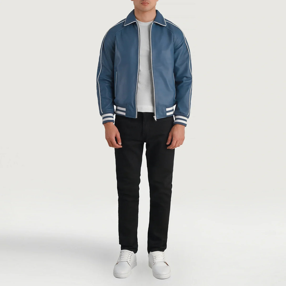 Cooper Blue Leather Varsity Nahkatakki Miehille - Lateral Side Profile View Showing Sleeve Cut &amp; Athletic Taper Fit