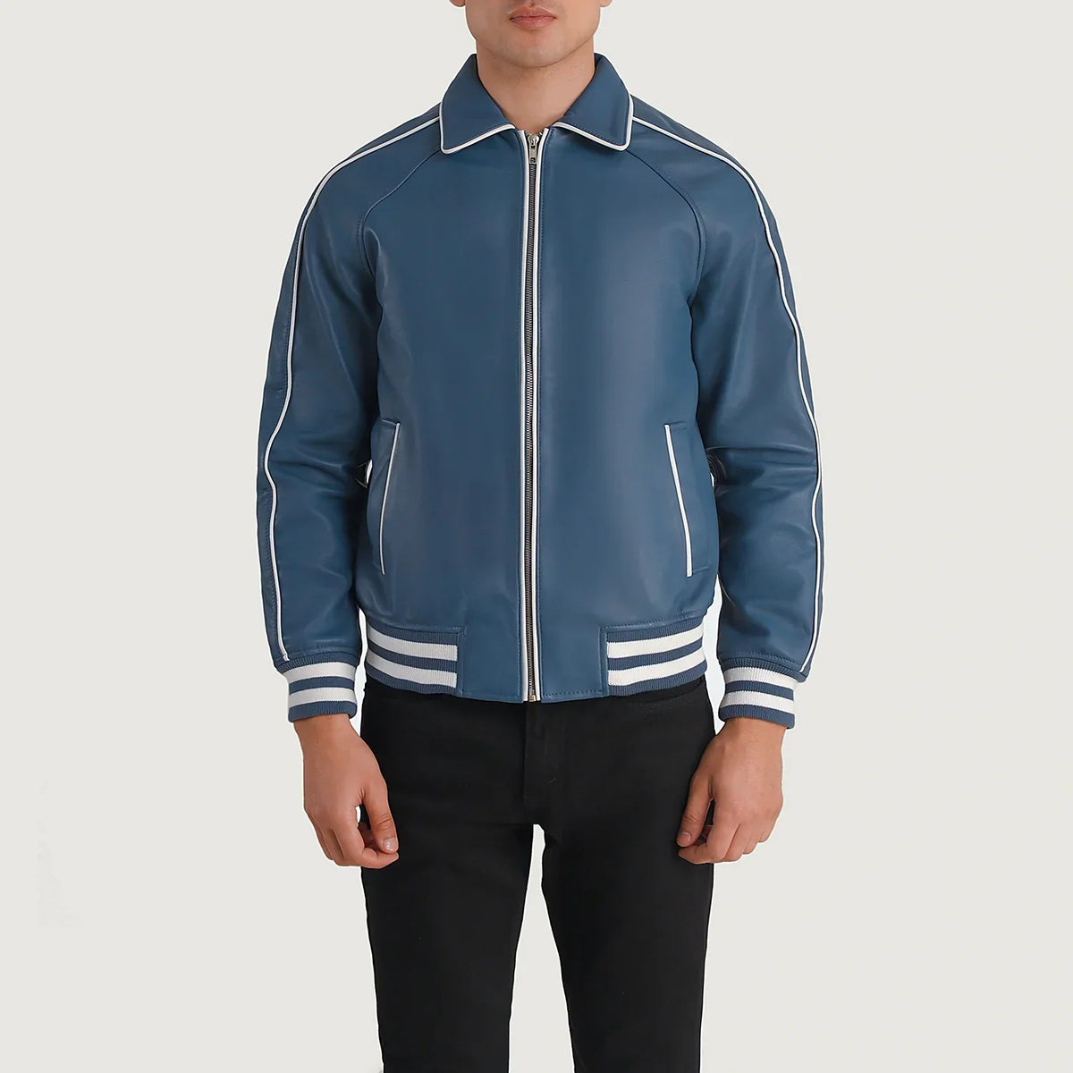 Close-Up Detail of Shirt collar &amp; Zipper Hardware on Cooper Blue Leather Varsity Nahkatakki Miehille