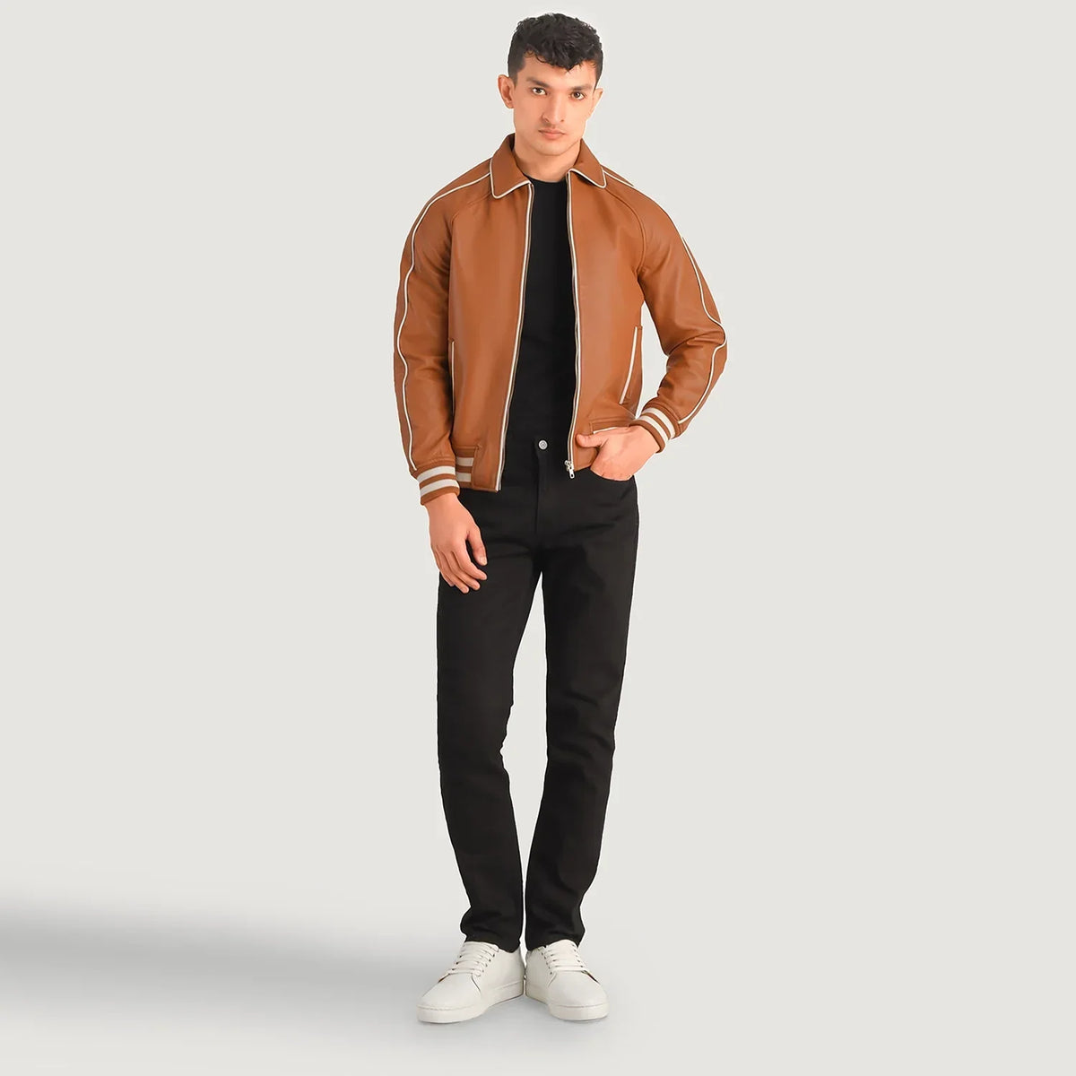Cooper Vaaleanruskea Ruskea Leather Varsity Nahkatakki Miehille in Tan Brown Sheepskin Leather - Front Profile View &amp; Tailored Silhouette | Buy Online