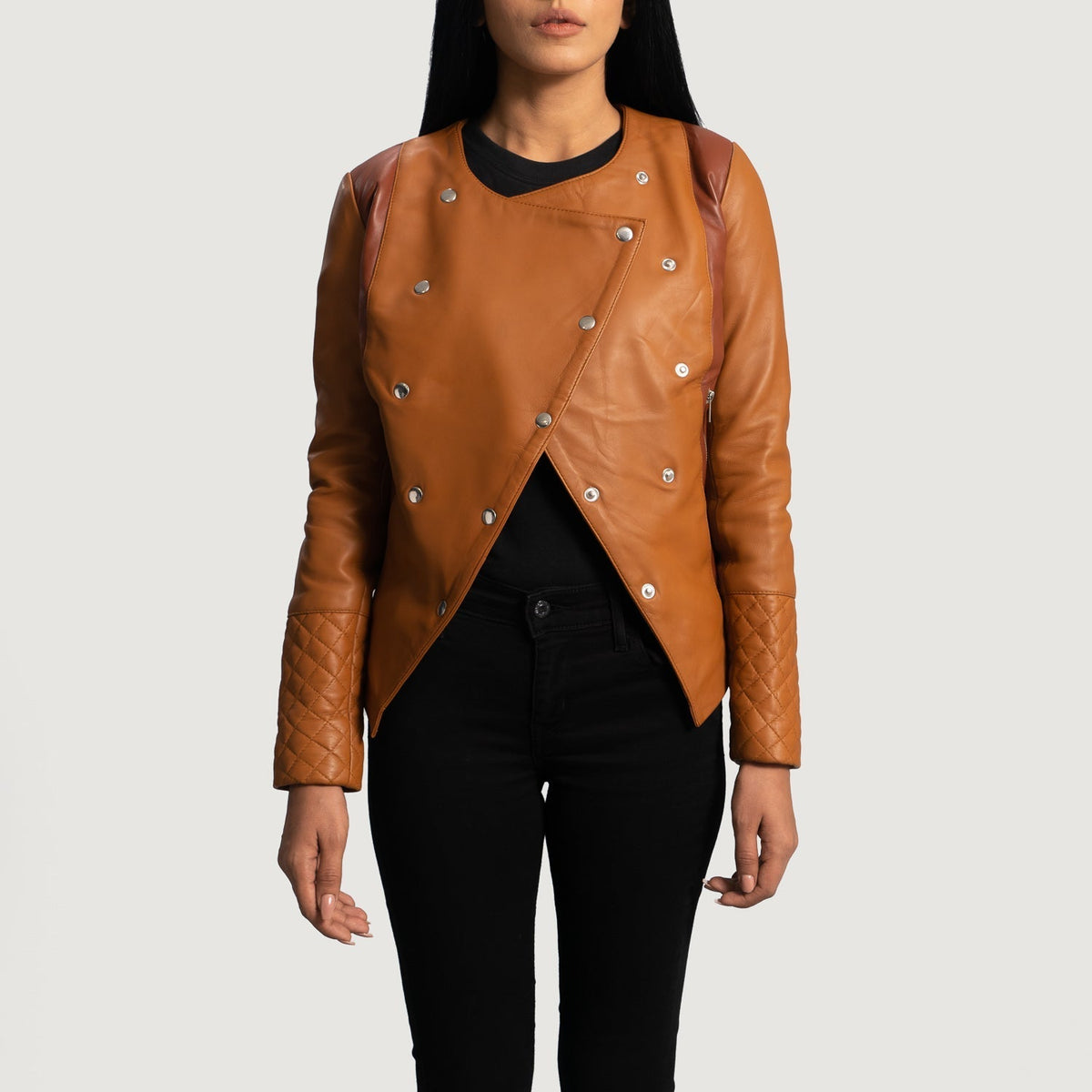 Women's County Vaaleanruskea Overlap Nahkatakki Naisille - Lateral Side Profile View Showing Sleeve Cut &amp; Athletic Taper Fit