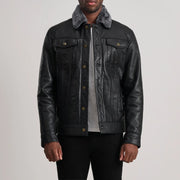 Dallis Musta Leather Shearling Trucker Nahkatakki Miehille in Black Sheepskin Leather - Front Profile View &amp; Tailored Silhouette | Buy Online