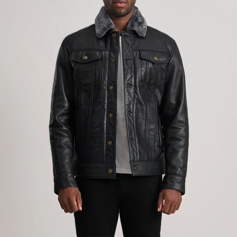 Dallis Musta Leather Shearling Trucker Nahkatakki Miehille