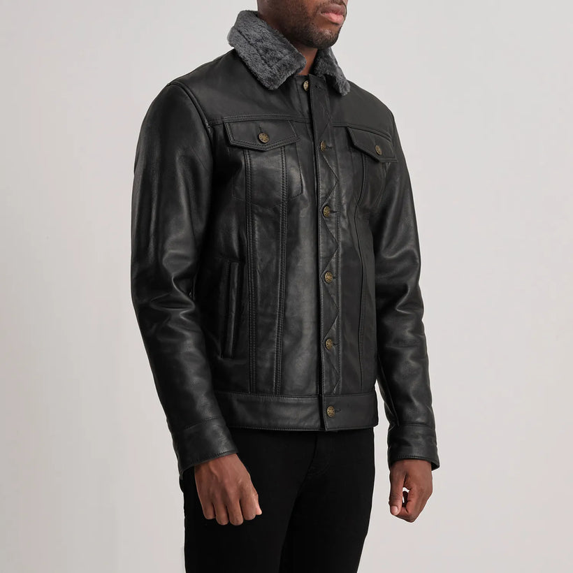 Dallis Musta Leather Shearling Trucker Nahkatakki Miehille