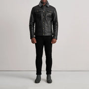 Dallis Musta Leather Shearling Trucker Nahkatakki Miehille - Lateral Side Profile View Showing Sleeve Cut &amp; Athletic Taper Fit