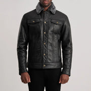 Close-Up Detail of Classic Collar &amp; Button Hardware on Dallis Musta Leather Shearling Trucker Nahkatakki Miehille