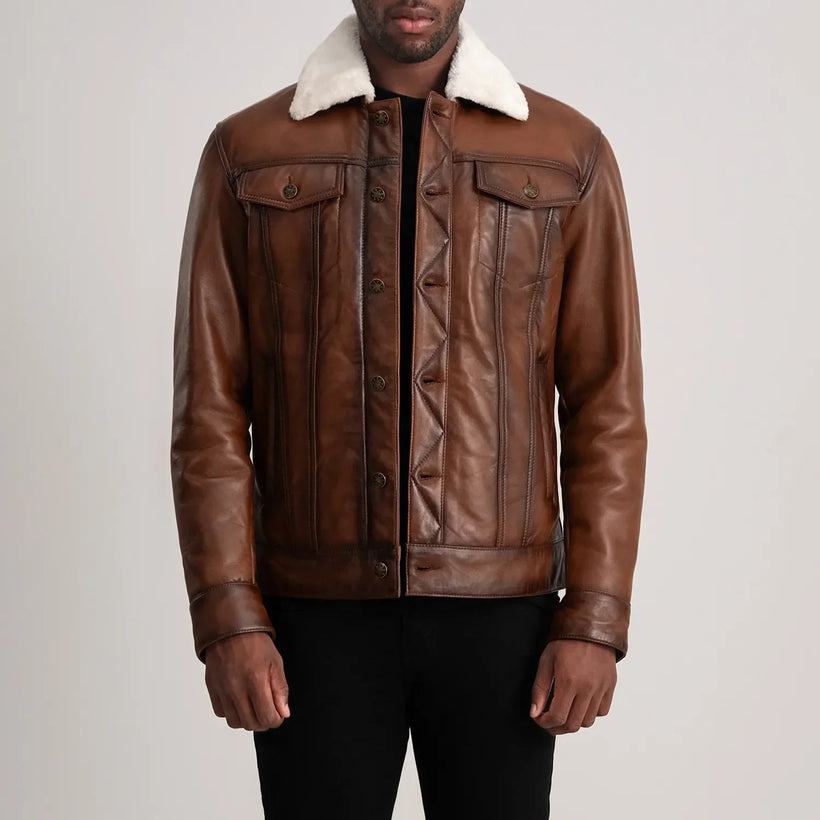 Dallis Ruskea Leather Shearling Trucker Nahkatakki Miehille