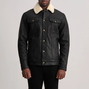 Dallis Tumbled Black Shearling Trucker Jacket in Distressed Black Sheepskin Snuffed - Front Profile View & Tailored Silhouette | Buy Online