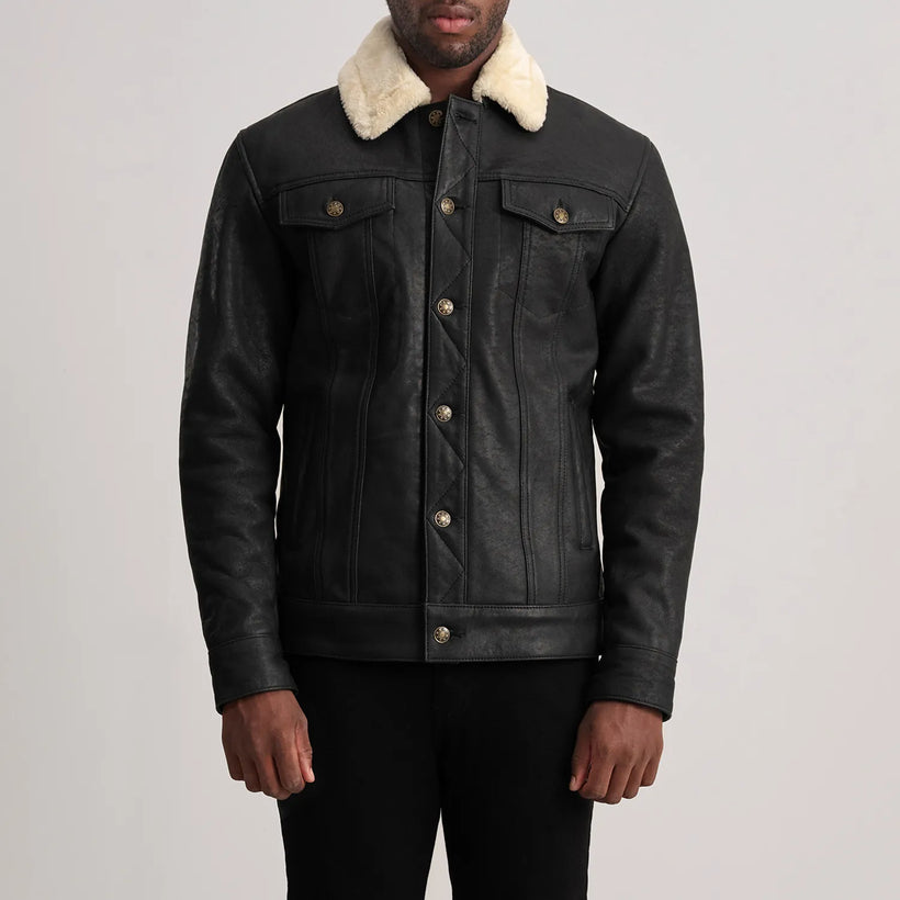 Dallis Distressed Musta Leather Shearling Trucker Nahkatakki Miehille