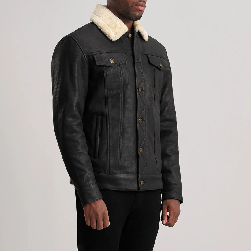 Dallis Distressed Musta Leather Shearling Trucker Nahkatakki Miehille