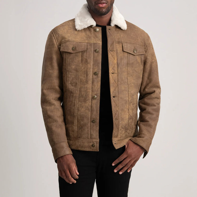 Dallis Distressed Ruskea Leather Shearling Trucker Nahkatakki Miehille